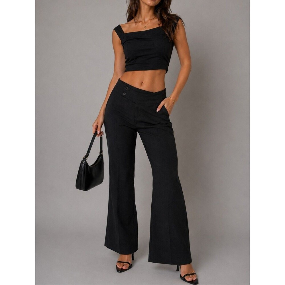 Y2K Low Rise Flare Pants Office Siren Minimalist Asymmetrical Waist 7